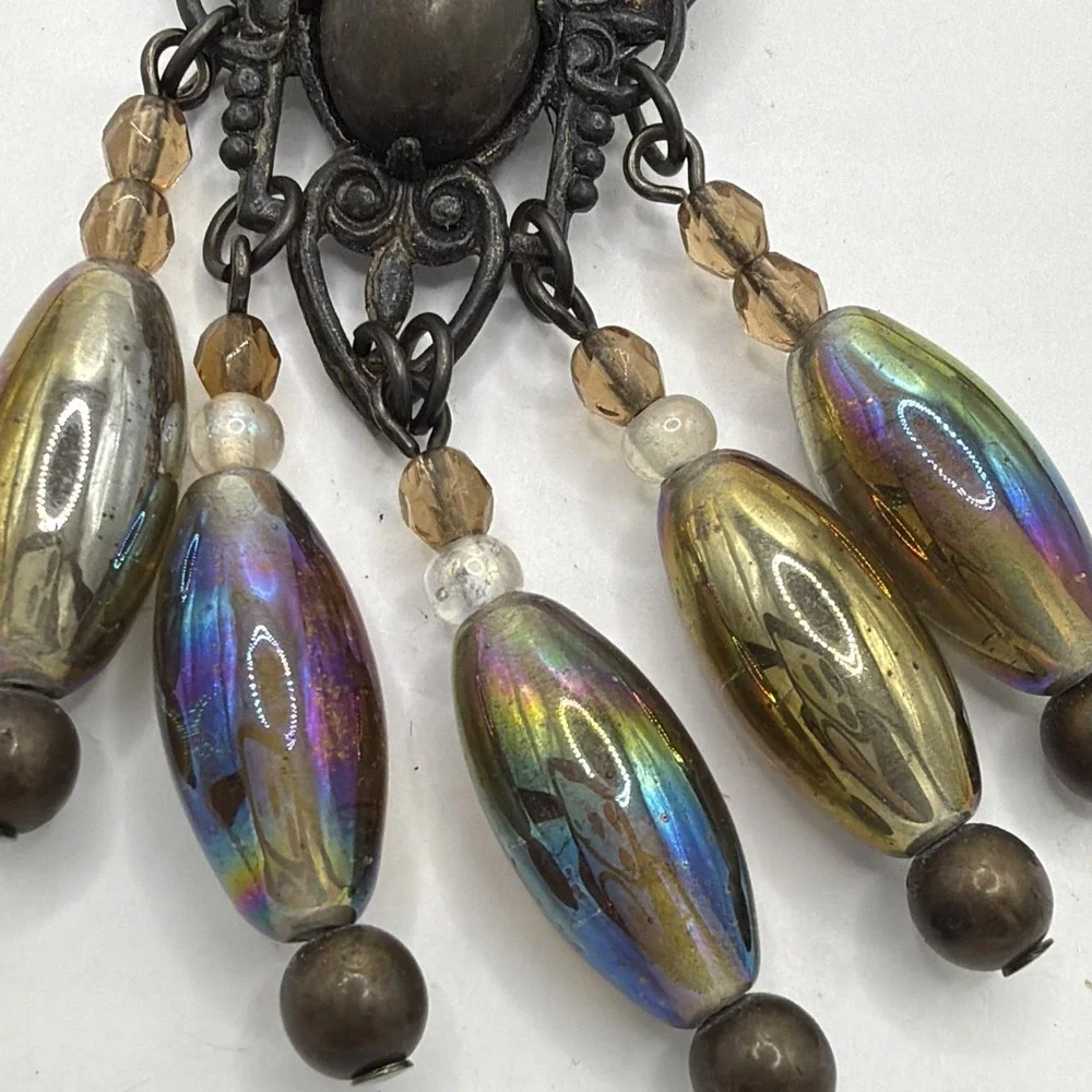 Unsigned‎ Carnival Glass Iridescent Cab & Rhinestone W/Chain Dangles Brooch